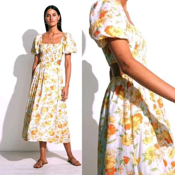Faithfull The Brand Loucetta Cutout Midi Dress-Puff Sleeves Palermo Floral Print - Picture 2 of 6